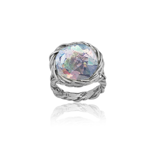 Sterling Silver Roman Glass Statement Ring with Twisted Organic