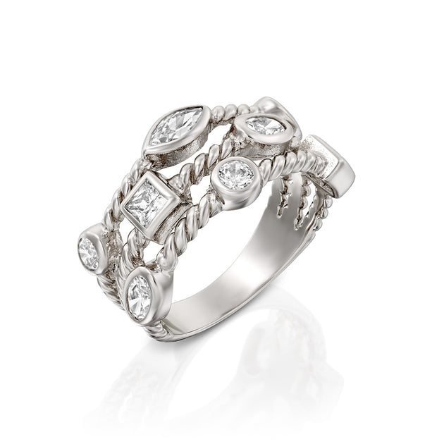 Silver cubic zirconia triple row ring top