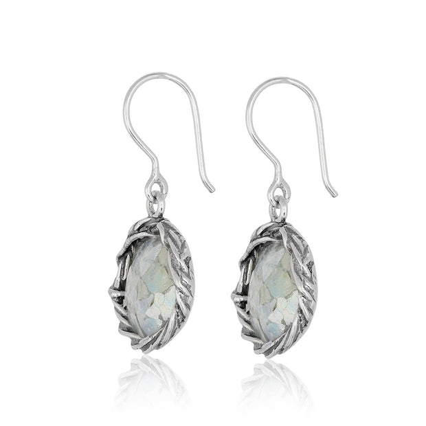 Sterling Silver Roman Glass Dangle Earrings Twisted Organic Design - Hypoallergenic For Pierced Ears  - Paz Creations Jewelry
