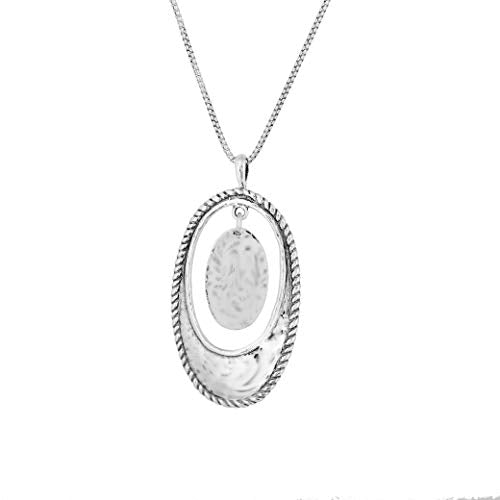 PZ Paz Creations 925 Sterling Silver Necklace for Women Girls | Silver or Two-Tone Options | Oval-Shaped Hammered Design | 24" Round Box Chain with Lobster Lock  - Paz Creations Jewelry