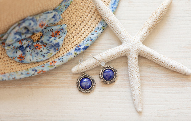 Sterling Silver Lapis or Malachite Gemstone Dangle Earrings with Twisted Design Bezel  - Paz Creations Jewelry