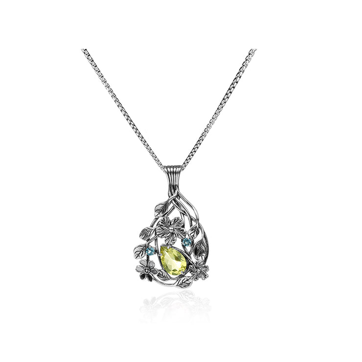 Sterling Silver Floral Design Pear Shaped Gemstone Pendant Necklace  - Paz Creations Jewelry
