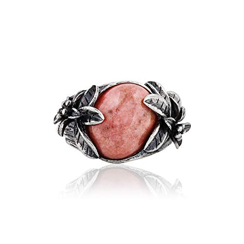 Sterling Silver Oval-Shaped Rhodonite Gemstone Ring - Blooming Floral Design  - Paz Creations Jewelry