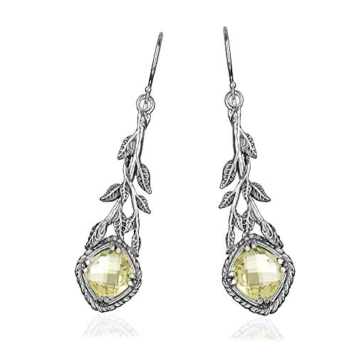 Sterling Silver Elongated Vine Lemon Quartz Gemstone Dangle Earrings  - Paz Creations Jewelry