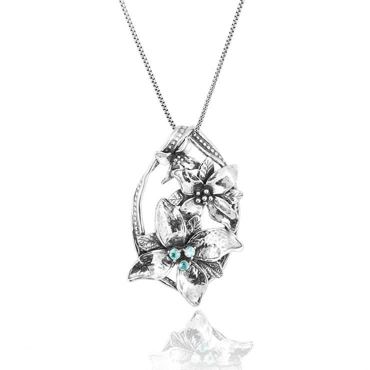 Sterling Silver and Apatite Gemstone Floral Pendant Necklace - 24" Box Chain  - Paz Creations Jewelry