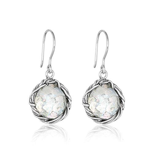 Sterling Silver Roman Glass Dangle Earrings Twisted Organic Design - Hypoallergenic For Pierced Ears  - Paz Creations Jewelry