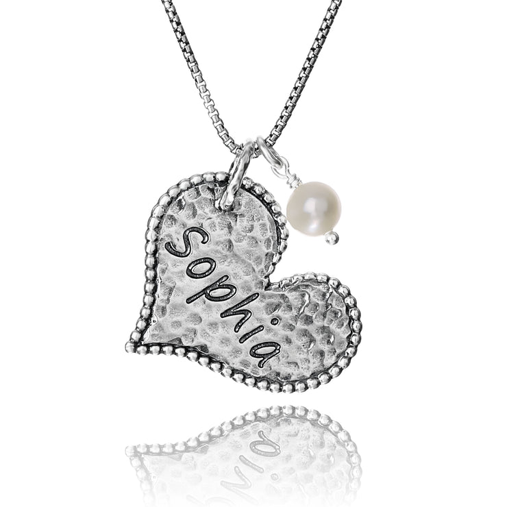 Sterling Silver Personalized Single Heart and Pearl Pendant Necklace  - Paz Creations Jewelry