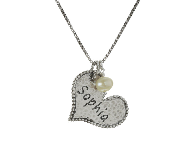 Sterling Silver Personalized Single Heart and Pearl Pendant Necklace  - Paz Creations Jewelry