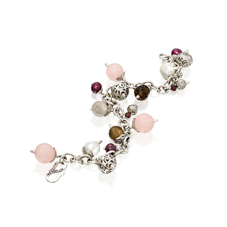 Sterling Silver Multi Gemstone Charm Bracelet - Jade or Rose Quartz  - Paz Creations Jewelry