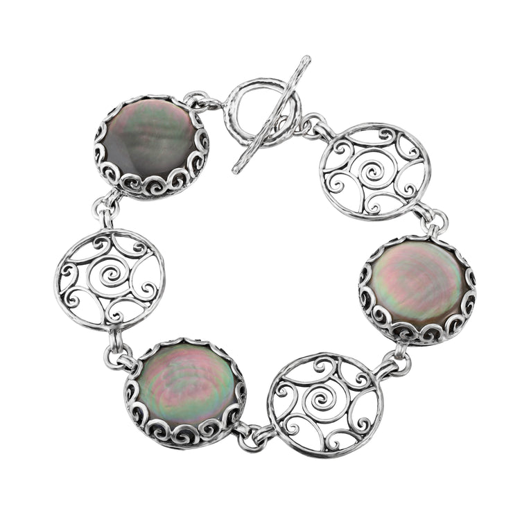 Silver Bracelet with Mother Of Pearl Charms - Black & Pink  - Paz Creations Jewelry