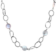 Sterling Silver Textured Link Pearl Coin Necklace  - Paz Creations Jewelry