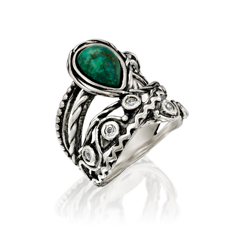 Sterling Silver Pear-Shaped Chrysocolla and White Topaz Gemstone Textured Ring  - Paz Creations Jewelry