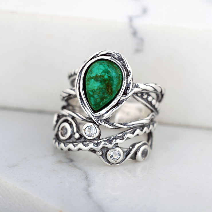 Sterling Silver Pear-Shaped Chrysocolla and White Topaz Gemstone Textured Ring  - Paz Creations Jewelry