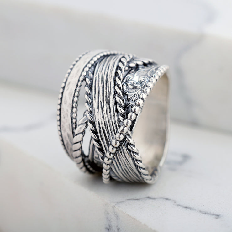 Sterling Silver Multi-Textured Highway Ring  - Paz Creations Jewelry