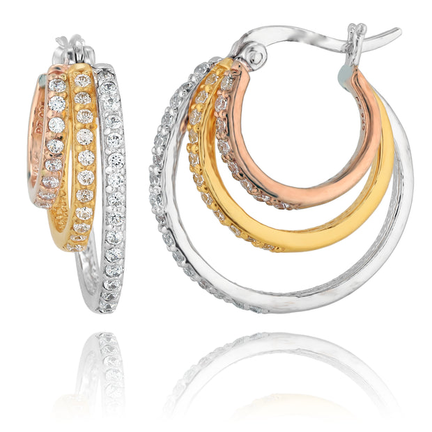Silver Tri-Color Triple Hoop & Cubic Zirconia Earrings  - Paz Creations Jewelry