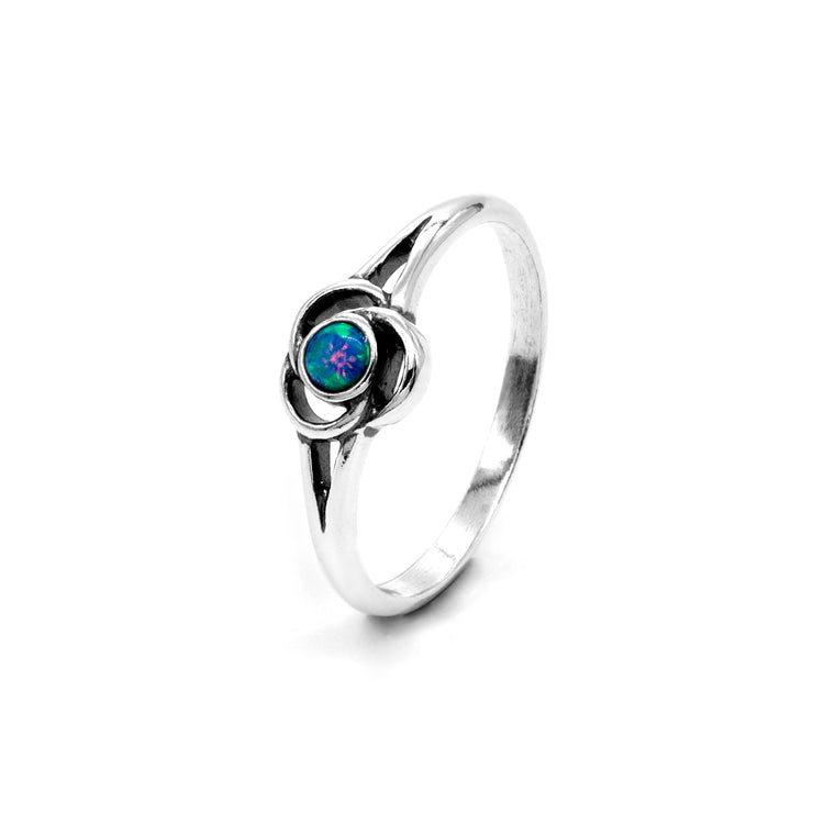 Dainty 925 Sterling Silver Blue Lab Opal Ring - Modern Flower Knot Design  - Paz Creations Jewelry