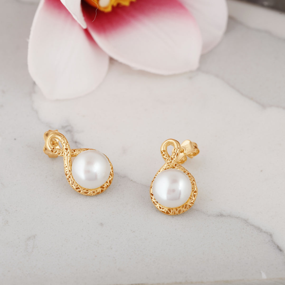 Stud Earings 14K Gold Plated 925 Sterling Silver Post 2024 Rose Flower & Pearl Stud E