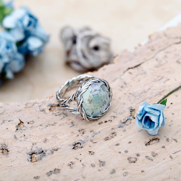 Sterling Silver  Roman Glass Statement Ring  with Twisted Organic Design  - Paz Creations Jewelry