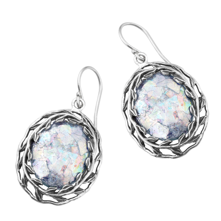 Sterling Silver Leaf Design Roman Glass Large Oval Shaped Dangle Earrings  - Paz Creations Jewelry