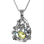 Sterling Silver Floral Design Pear Shaped Gemstone Pendant Necklace  - Paz Creations Jewelry