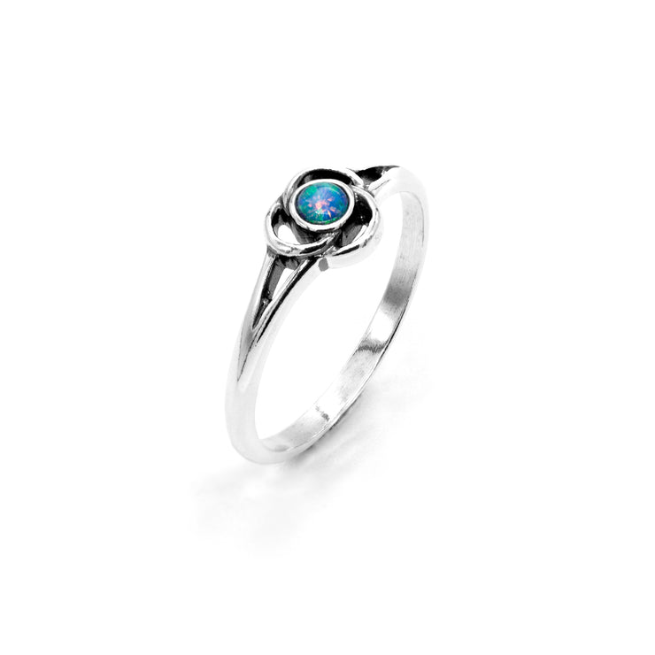 Dainty 925 Sterling Silver Blue Lab Opal Ring - Modern Flower Knot Design  - Paz Creations Jewelry